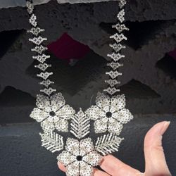 Vintage Glam Artesanal Hand made Necklace In Black, White And Silver Beads Hangs 16”