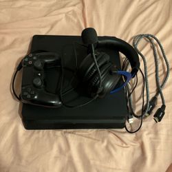 ps4 slim with gaming headset and other items