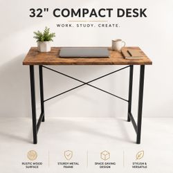 New 32 Inch Compact Computer Desk with Rustic Wood-Look Surface and Sturdy Metal Frame, Space-Saving Writing Desk for Home Office, Study Room, Bedroom
