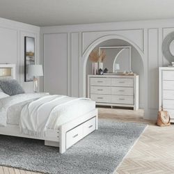 Altyra White LED Bookcase Upholstered Footboard Storage Platform Bedroom Set(Available in Queen, King bedroom set & dresser, mirror, nightstand)