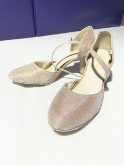 Sparkling Ankle-Strap So Danca ballroom dance shoes in Champagne Glitter 2.5 inch heels.