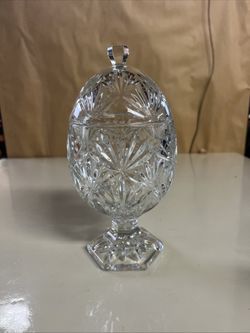 Big Crystal D’ Argues Candy Dish Clear Egg Shaped With Lid Hexagon Shaped Foot