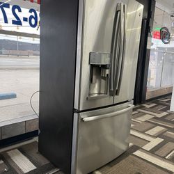 Stainless steel counter depth GE profile café with built-in Keurig French door, 📍 Roseville Appliances 