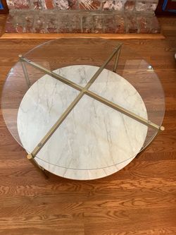 Modern Round Glass Coffee Table w/ Faux Marble Shelf & Gold Frame