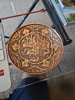 Antique Repousse Turkish/Persian Copper Hand-Tooled Wall Plate W/Hunting Scene