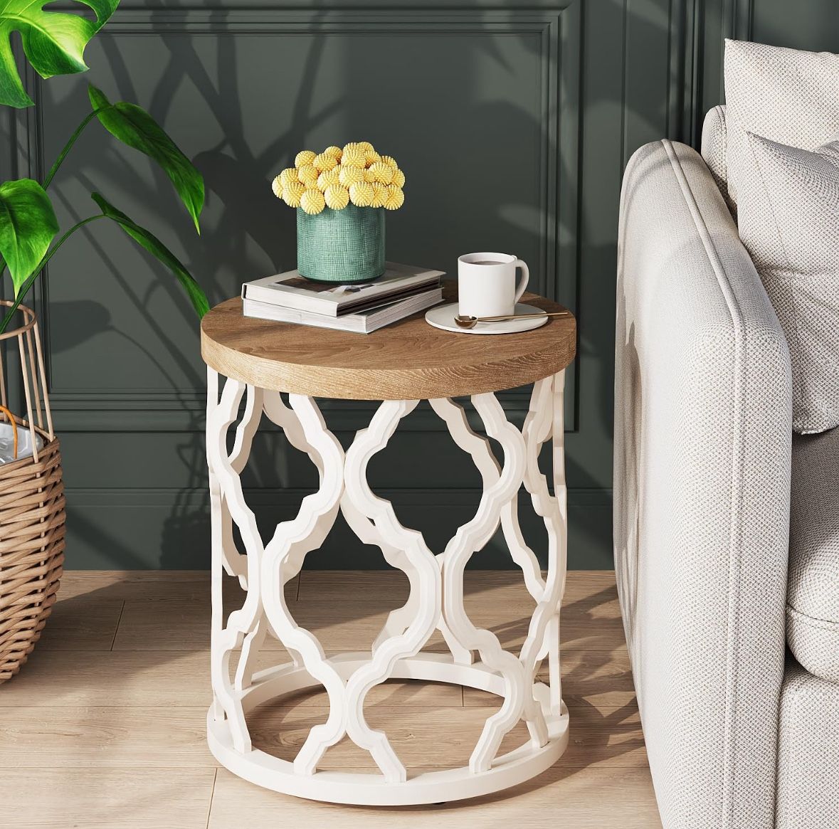 Farmhouse End Table, 18.5'' French Country Round Side Table, Wood Top Side Table with Curved Motif Frame Base for Boho, End Tables Living Room, Bedroo
