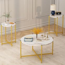 Faux Marble Coffee Table Set of 3, 1 Coffee Table & 2 Sofa Table, Round Tabletop and Metal Cross Base Frame,Perfect for Living Room Apartment, White