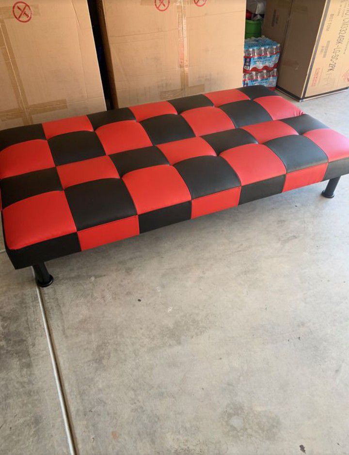Brand New Black & Red Checkered Leather Tufted Futon