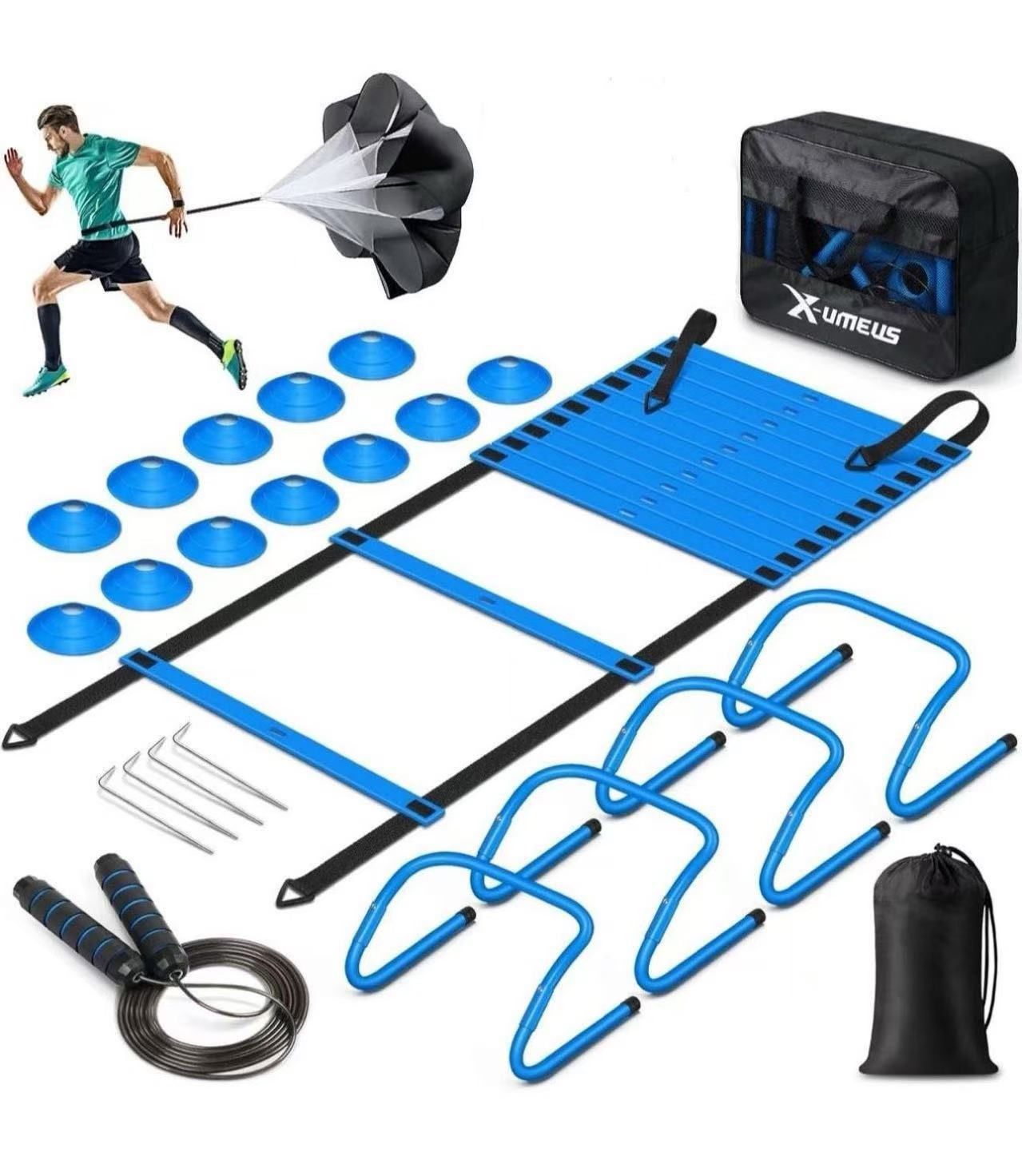 Agility Ladder Speed Training Equipment Set-20ft Agility Ladder,12 Soccer Cones,4 Hurdles, Jump Rope, Running Parachute| Basketball Football Soccer Tr