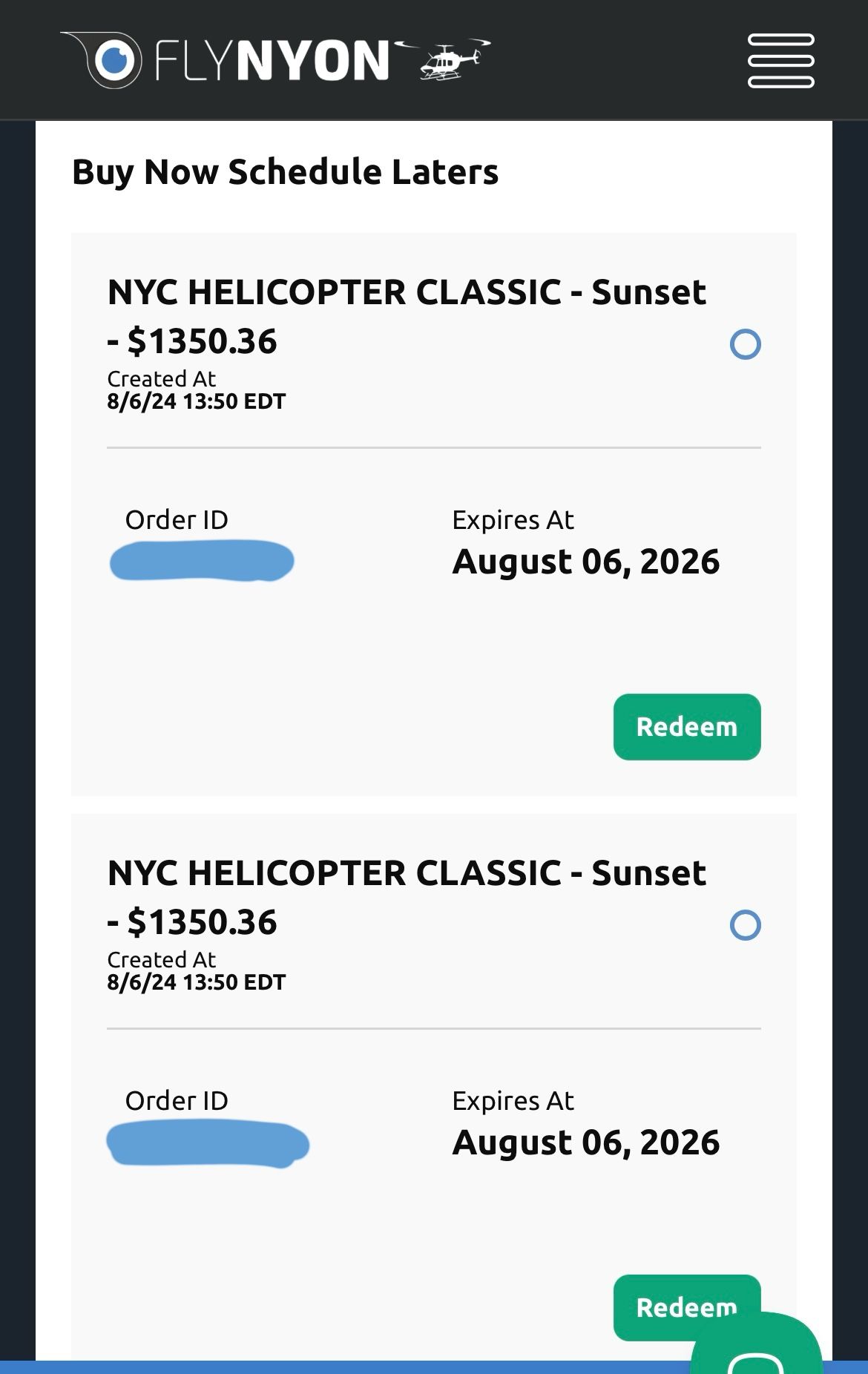 [SELLING] 2 FlyNYON Sunset Helicopter Ride Vouchers – $1,360 Value, Asking $830 OBO 🚁🗽