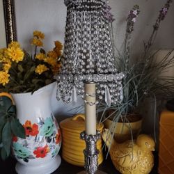 Antique 18 " Beaded Chandelier Silver Table Lamp