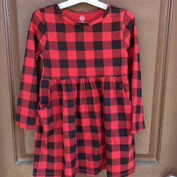 Red And Black Girls Plaid Knit Long sleeve Dress 5T
