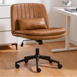 BINGTOO Brown Armless Office Chair with Wheels, PU Leather Computer Desk Chair 