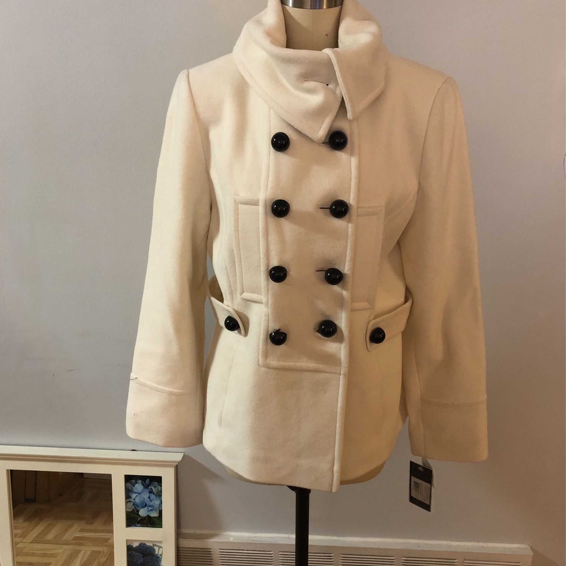 Hilary Radley Studio Off White Wool Blend Pea Coat Size M NWT