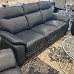 Top Grain Leather Sofa Set Blue