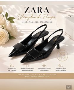 ZARA Black Patent Slingback Heels with Square Detail
