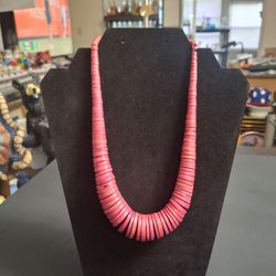 Graduated Red Dyed Wooden Heishi Bead Necklace, Rare Vintage Native American 18" Mid 20th Century