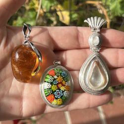 Vintage Real Sterling Silver Pendants Amber, Murano Millefiori, Blister Pearl 925 Jewelry 1960-70’s 