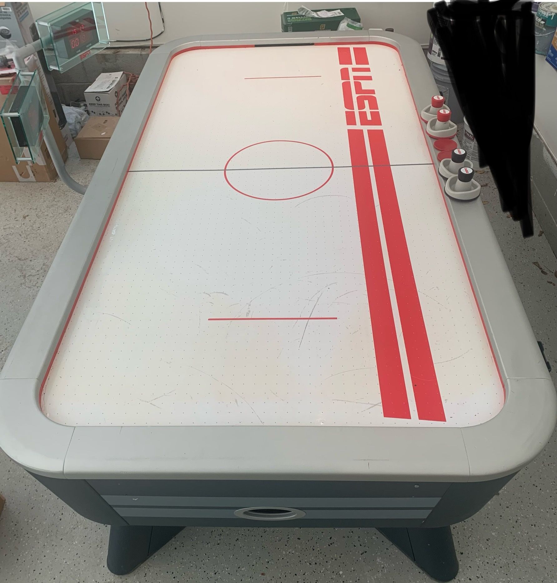 89x48” $1151 ESPN Air Powered Hockey Table Sports Game + Electronic Scorer + 4 Pushers 2 Pucks / Cup Holders EXCELLENT Working Condition