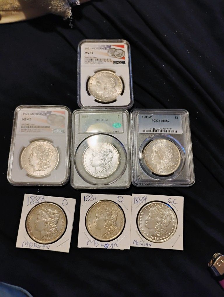 Lot Of 7 Morgan Silver Dollars One Uncirculated CC Morgan