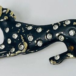 Vintage Black Panther Leopard Puma Cat Rhinestone Gold Tones Jewelry Brooch