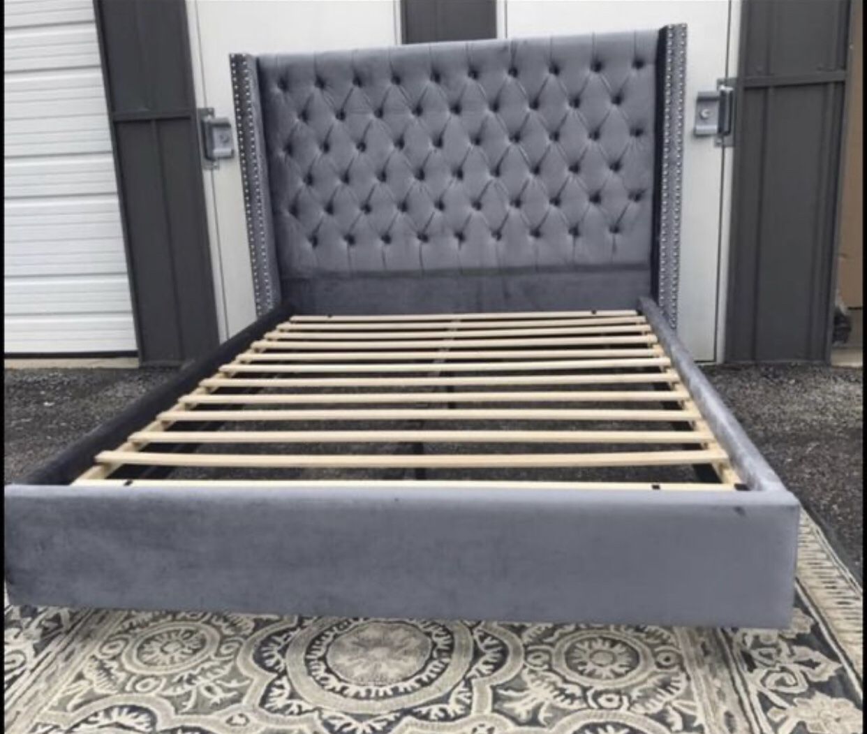 New FULL size grey velvet platform bed frame