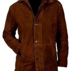 Mens Real Suede Leather Brown Long Trench Coat Cowboy Western American Jacket