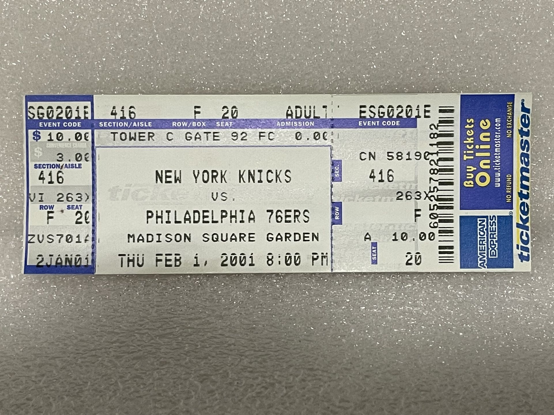 New York Knicks vs. Philadelphia 76ERS Unused Basketball Game Ticket 2001