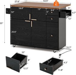 53'' Kitchen Island with Drop Leaf & Power Outlet, Kitchen Island on Wheels with 3 Drawers and Pull Out Rack Organizer, Rolling Kitchen Carts for Kitc