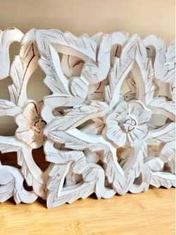 Set of 3 Distressed White Carved Wood Wall Decor Panels, Farmhouse Wall Art, Boho Cottage Decor