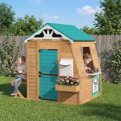 Wooden Kids Playhouse Cottage with Bench, Split Door, Mailbox, Blackboard, Toy Sink & Kitchen Playset, 70.9" x 50.4" x 57.1"  Interactive F