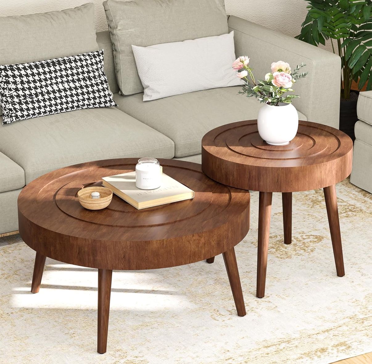 SUNBURY Round Coffee Table, Nesting Tables with Concentric Circle Pattern, Mid Century Modern Coffee Table Set for Living Room Bedroom,