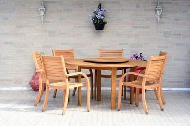 BRAND NEW - 7-Piece Lazy Susan Table Outdoor Dining Set - Stacking Chairs - 100% SOLID WOOD