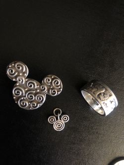 Disney Sterling Silver Jewlery. Unique!! One Pin , One Charm & One Pinky Ring- Stylish to wear Daily. Ring w Mickey Face & Hearts ❤️Great Souvenir