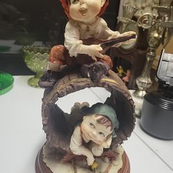 Vintage Capodimonti Style Porcelain Figurine, Boys Playing on Barrel, 12" high.