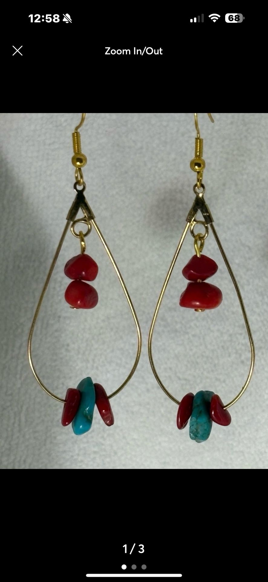 VINTAGE TURQUOISE RED CORAL GOLDEN TEARDROP EARRINGS
