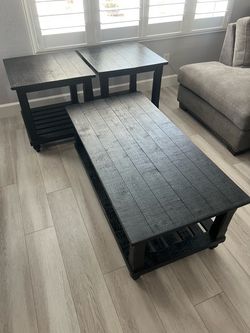 3-Piece Rustic Black Wood Coffee Table and End Tables