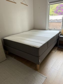 IKEA Haugsvar Hybrid Queen Mattress And Gray Upholstered Espevar Bed Base Slats