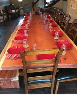 Solid Book Matched Live Edge Redwood Table 13’ 4” with matching bench
