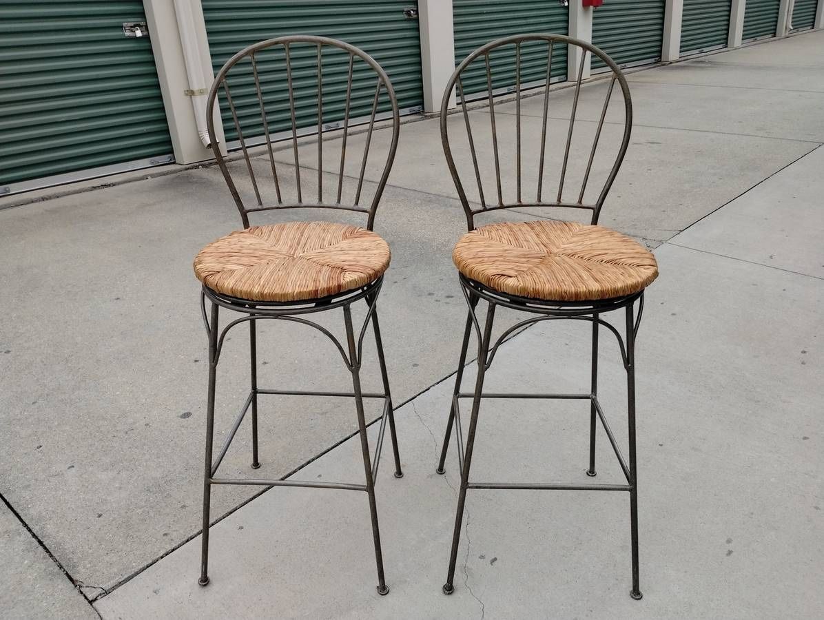 (2) Iron Bar Stools w/Woven Rattan Swivel Seats - NICE!