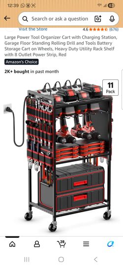 Large Power Tool Organizer Cart with Charging Station, Garage Floor Standing Rolling Drill and Tools Battery Storage Cart on Wheels, Heavy Duty Utilit