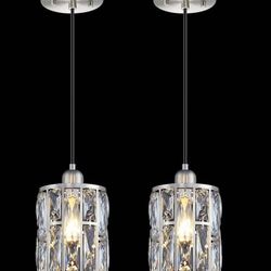 New! 2 Pack 1 Light 5.3" Crystal Hanging Kitchen Island Pendant Light Brushed Nickel Finish, Concise Penda