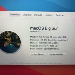 2015 Apple MacBook Pro 15” Retina Screen i7 2.50GHz Quad Core 16GB RAM 500GB SSD 2GB GPU Big Sur 