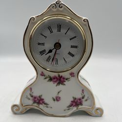 Vintage Lefton 1994 Mantle Quartz Clock Pink Rose Detail W/ 22k Gold Accents