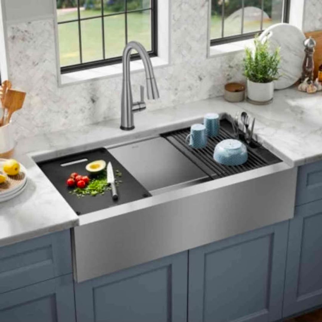Delta RivetTM 36"L Workstation Farmhouse Apron Front Kitchen Sink Undermount 16 Gauge Stainless Steel Single Bowl