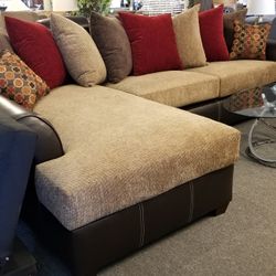 Brand New 128" x 70" Brown Fabric Pillow Style Sectional