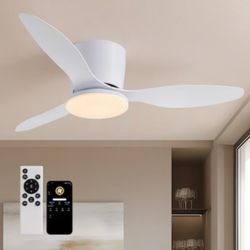 SILJOY 52 in. White Flush Mount Ceiling Fan with LED Light and Remote Control