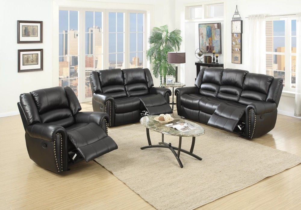 Brand New Black Leather 3pc Reclining Sofa Set