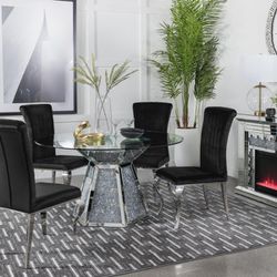 New 5pc Black Velvet Modern Glam Dining Table & Chairs 
