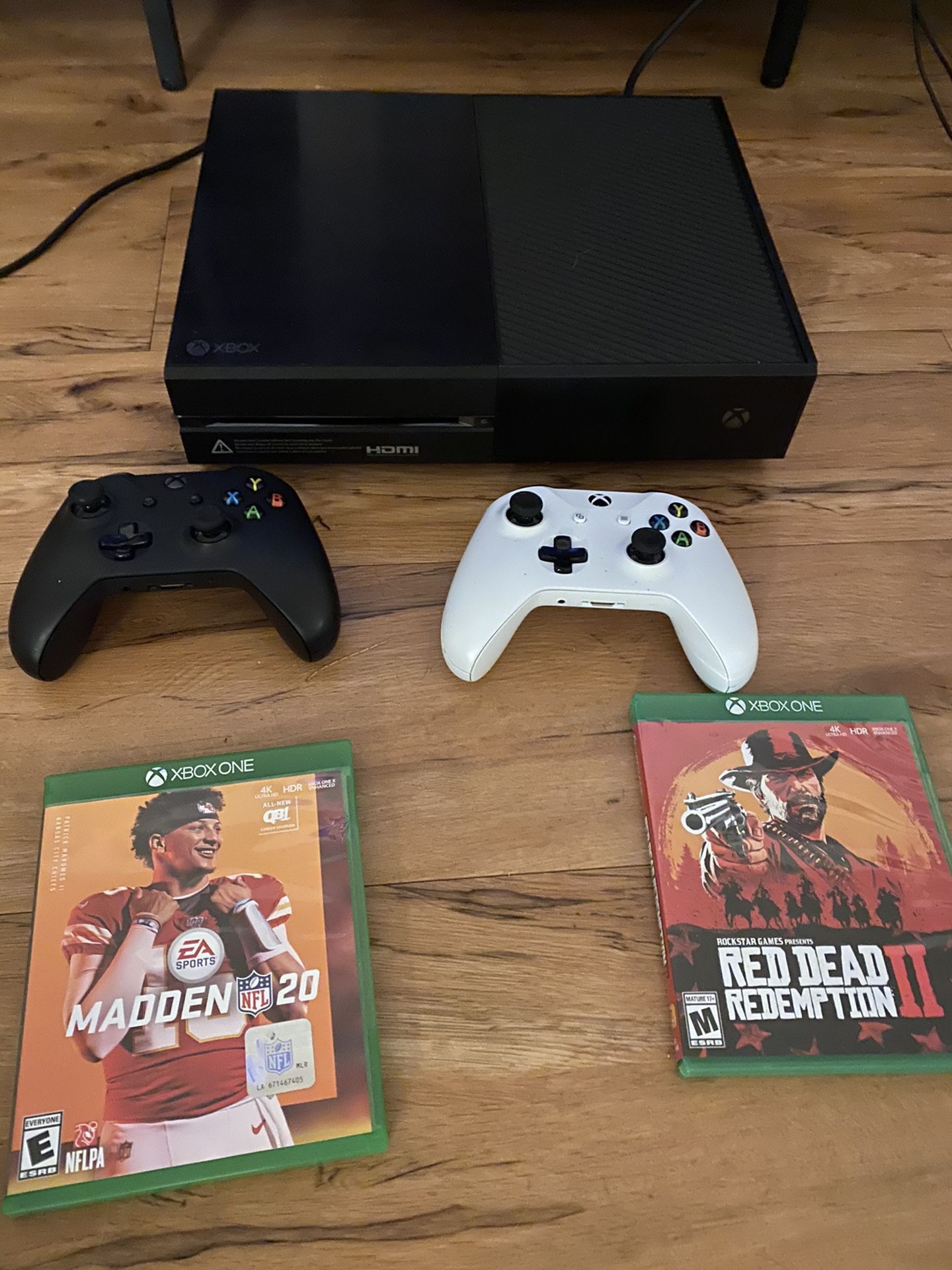 XBOX ONE, MADDEN, RED DEAD, 2 CONTROLLERS, and CALL OF DUTY WW2